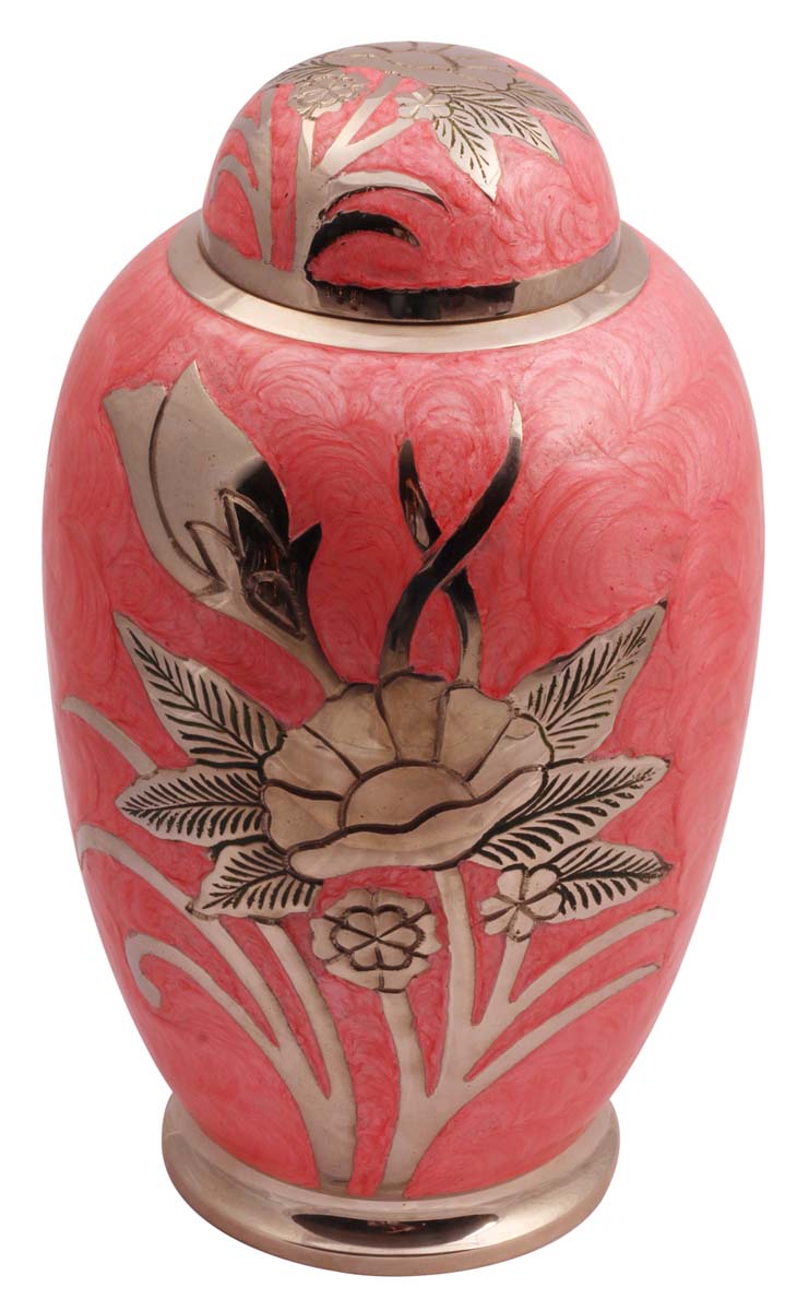 11” Coral-Pink Brass Cremation Urn with Etched Floral Motifs – Hand-Crafted – Solid Urns for Ashes at Wholesale